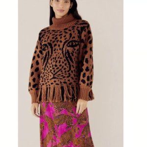 Farm Rio Caramel Midnight Leopard Print Fringe Sweater